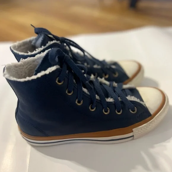 Converse Navy High-Top Sneakers with White Toe and Brown Midsole Trim - Picture 2 of 15